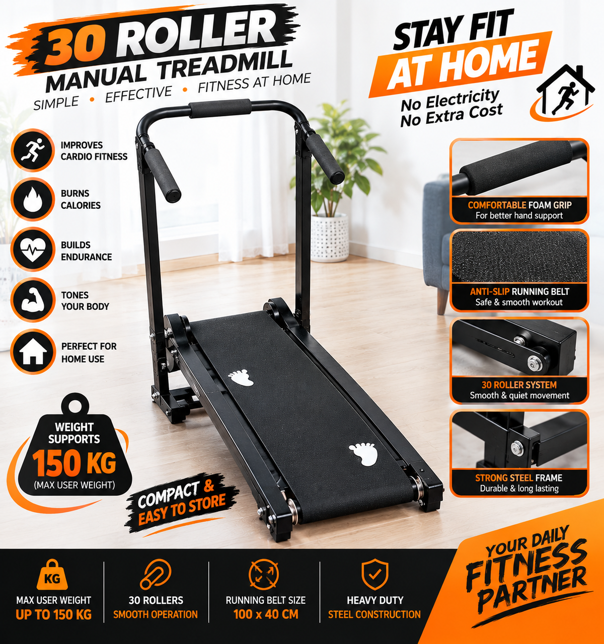 High Quality Manual Roller Treadmill with Twister | 30 Rollers | Foldable Home Walking & Jogging Machine | 150KG Weight Capacity